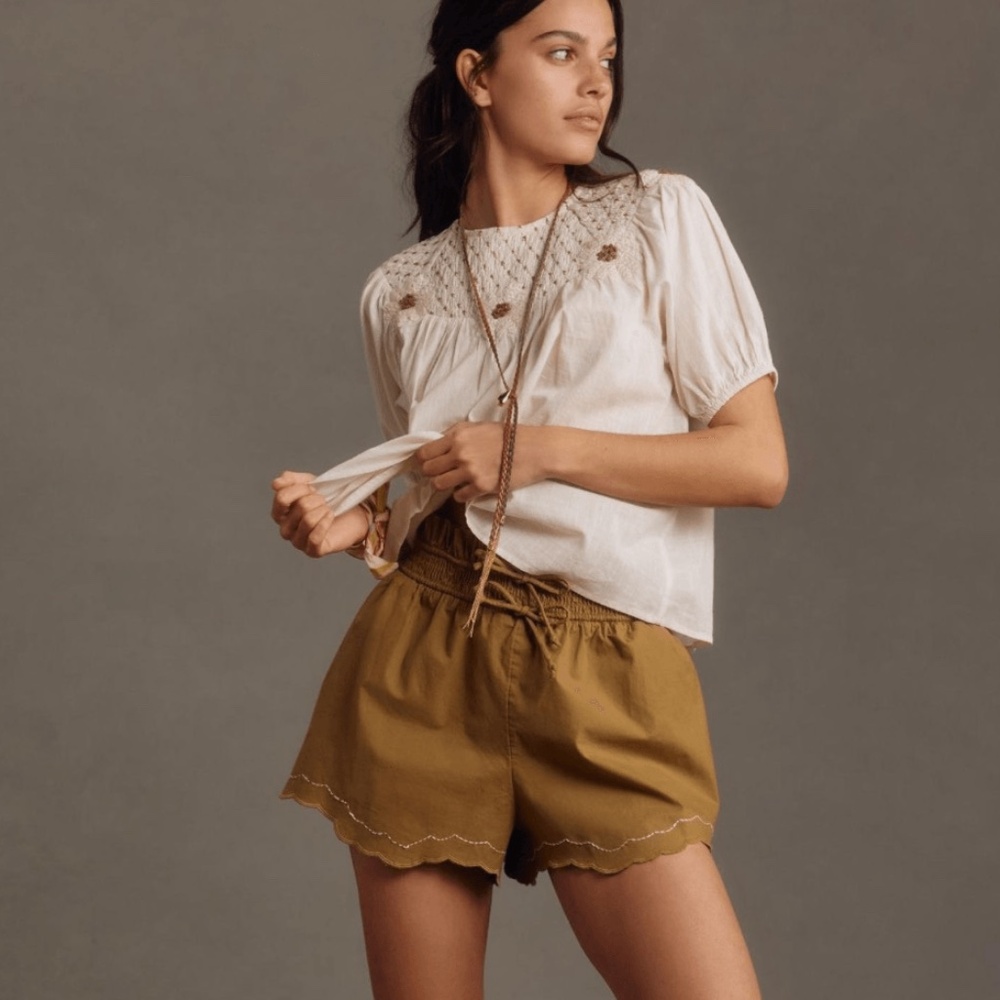 Anthropologie Scallop-Hem Shorts Green Elastic Waist Pull On Cotton Lounge M
